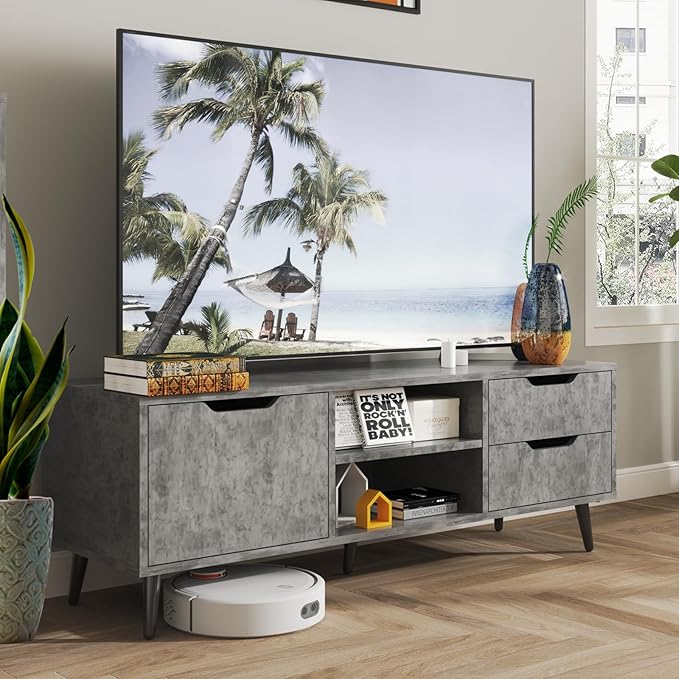 Maxtown TV Stands for Living Room, TV Console Table for 55 Inch TV, Entertainment Center with 1 Cabinet, 2 drawers, Media Console with Metal Feet for Bedroom, Living Room, Dark Grey - LeafyLoom