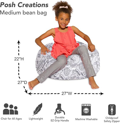 Posh Creations Bean Bag Chair for Kids, Teens, and Adults Includes Removable and Machine Washable Cover, Canvas Coloring Fabric - Fun Creatures, 27in - Medium - LeafyLoom