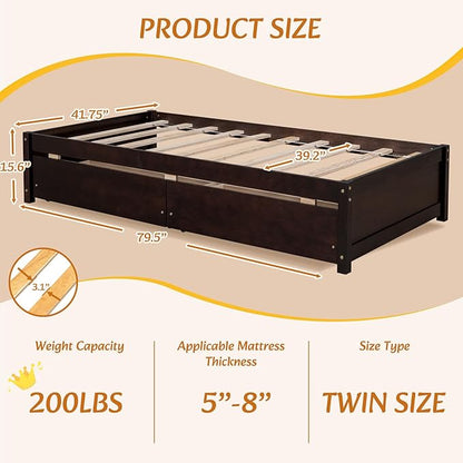 Twin Bed with 2 Storage Drawers, Solid Pinewood Twin Size Bed Frame,for Boys/Girls/Teens Bedroom, Easy to Assemble, No Box Spring Needed,Espresso - LeafyLoom