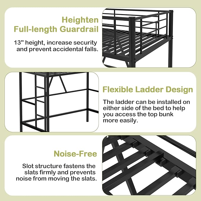 VECELO Metal Loft Bed Twin Size, Heavy Duty Bedframe with Removable Ladder and Safety Guardrail, Space-Saving, Noise Free, No Box Spring Needed, Black - LeafyLoom