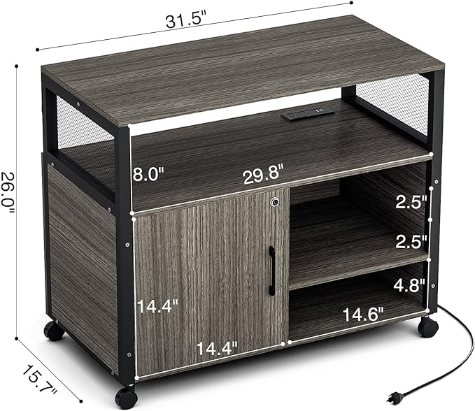 Lateral File Cabinets with Socket & USB Charging Station, Lockable Office File Cabinets Rolling Printer Stand with Open Storage Shelves for Home Office Organization & Storage - LeafyLoom