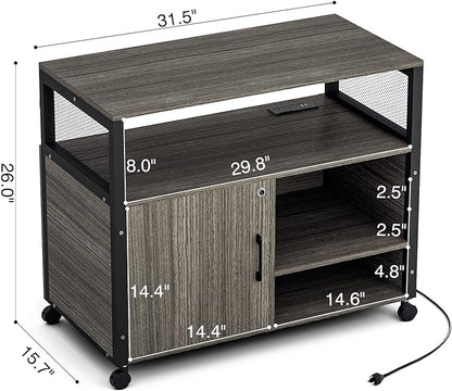 Lateral File Cabinets with Socket & USB Charging Station, Lockable Office File Cabinets Rolling Printer Stand with Open Storage Shelves for Home Office Organization & Storage - LeafyLoom