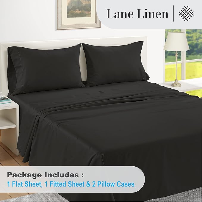 LANE LINEN 1000 Thread Count Striped Sheets Set - 100% Egyptian Cotton Bed Sheets, 4 Piece Cotton Sheets for King Size Bed, Hotel Bedding Sheets & Pillowcases, Fits Upto 17" Mattress - Black - LeafyLoom