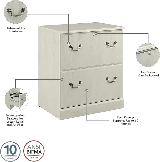 Bush Furniture Saratoga 2 Drawer Lateral File Cabinet in Harvest Cherry, Document Storage Chest for Home Office, Linen White Oak - LeafyLoom