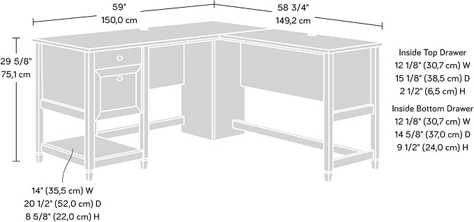 Sauder Edge Water L-Desk, L: 59.06" x W: 58.74" x H: 29.57", Chalked Chestnut finish - LeafyLoom