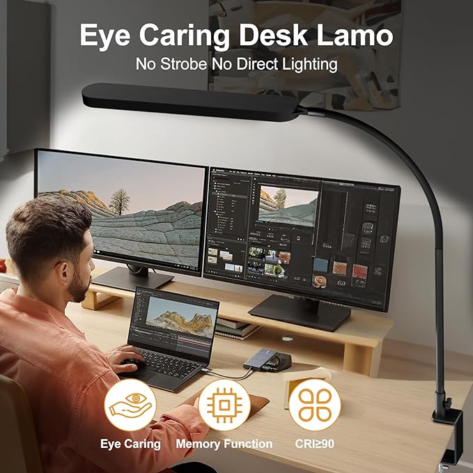 SKYLEO Desk Lamp - Desk Light for 33.5" Tall - Flexible Gooseneck - 5 Color Modes X 11 Brightness Levels - 1300LM - Timmer & Memory Function - 12W Clip on Light - Black - LeafyLoom