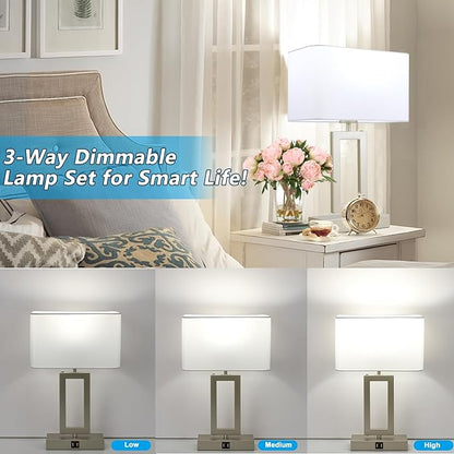 Table Lamp Set of 2 Lamps for Bedroom, Touch Control Table Lamps with 2 USB Ports, 3-Way Dimmable Bedside Nightstand Lamps, Silver&White Lamp for End Table Living Room Modern - LeafyLoom