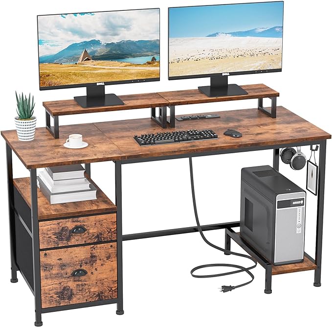 Furologee Computer Desk with Drawer and Power Outlets, 47" Office Desk with 2 Monitor Stands and Fabric File Cabinet, Writing Gaming Table with Shelves and 2 Hooks for Home Office, Rustic Brown - LeafyLoom