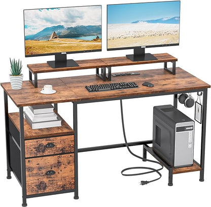 Furologee Computer Desk with Drawer and Power Outlets, 47" Office Desk with 2 Monitor Stands and Fabric File Cabinet, Writing Gaming Table with Shelves and 2 Hooks for Home Office, Rustic Brown - LeafyLoom