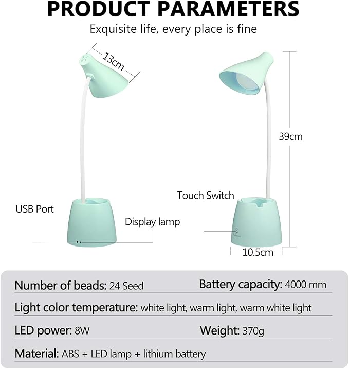 Desk Lamp LED, Desk Lamps with 3 Lighting Modes and Stepless Dimming, Desk Light 360 ° Flexible Gooseneck with Pen Holder & Mobile Phone Stand for Reading Kids Dorm (Green) - LeafyLoom