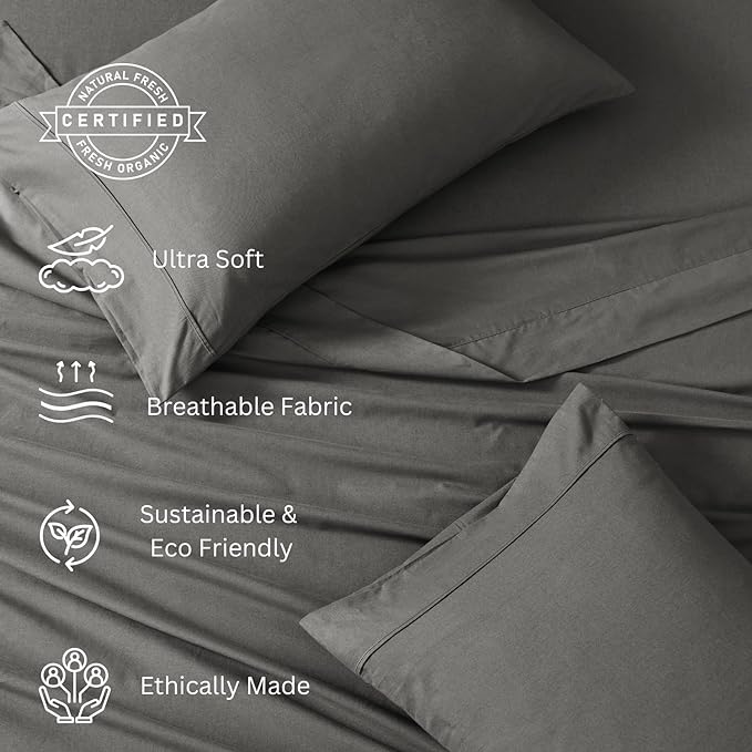 LANE LINEN 100% Organic Cotton Twin XL Sheets Set 3-Piece Pure Percale Soft Bedding Breathable Fits Mattress Upto 15" Deep - Charcoal - LeafyLoom