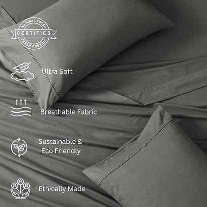 LANE LINEN 100% Organic Cotton Twin XL Sheets Set 3-Piece Pure Percale Soft Bedding Breathable Fits Mattress Upto 15" Deep - Charcoal - LeafyLoom