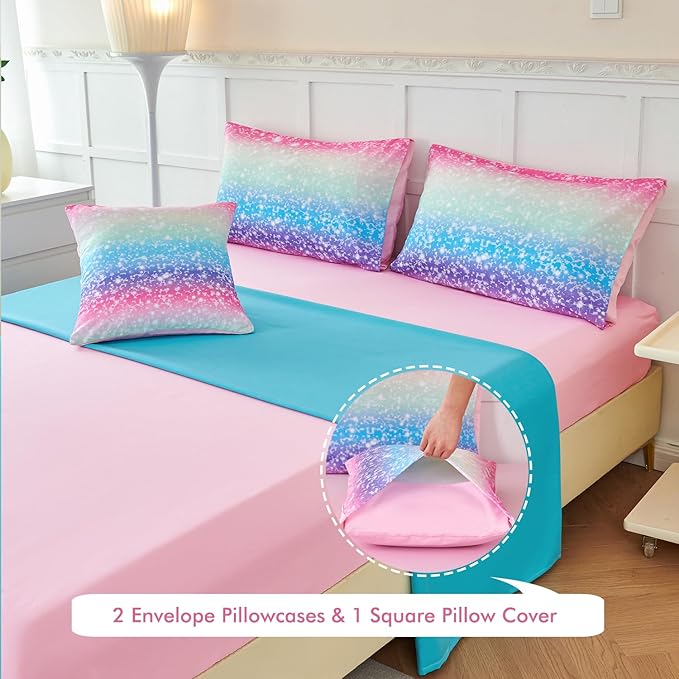 PERFEMET Girls Comforter Set with Sheets 6 Pieces Full Size Bedding Set Blue Pink Green Ombre Bed in A Bag Rainbow Tie Dye Kids Bed Sets Grandient Glitter Full Comforter Sets - LeafyLoom