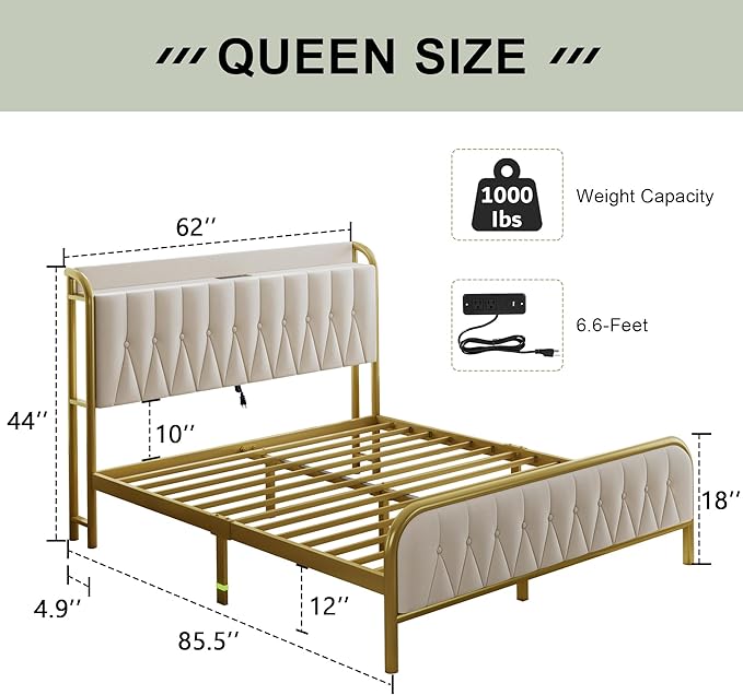 Feonase Queen Bed Frame with Type-C & USB Port, Metal Platform Beds, with Velvet Upholstered Headboard & Footboard, 12" Underbed Storage Space, Easy Assembly, Noise-Free, Gold&Beige - LeafyLoom