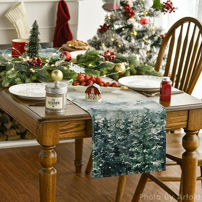 Artoid Mode Green Tree Snow Christmas Table Runner, Seasonal Winter Holiday Kitchen Dining Table Decoration for Home Party Decor 13x120 Inch ArtoidMode