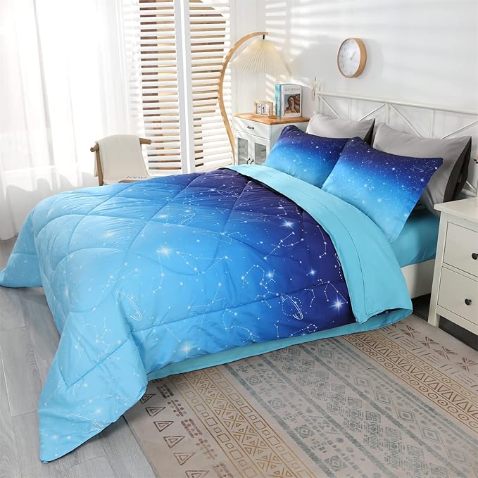 Wowelife Galaxy Comforter Set Queen 5 Pieces Glitter Bedding Set Blue 3D Stars Kids Bedding Set Bed in a Bag for Boys and Girls with Comforter, Flat Sheet, Fitted Sheet and 2 Pillowcases - LeafyLoom