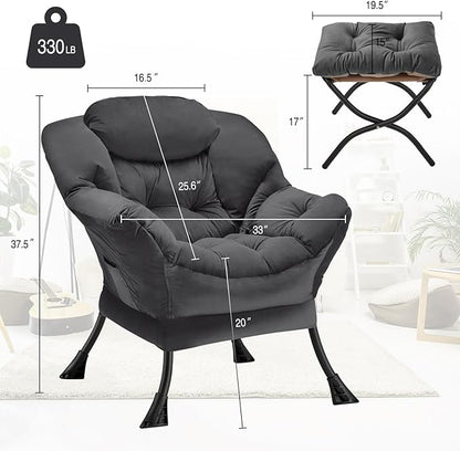 Lazy Chair with Folding Ottoman Modern Large Accent Chair,Contemporary Lounge Leisure Sofa Chair with Armrests Upholstered Sofa Armchair Reading Chair for Bedroom,Dorm & Office,Dark Grey - LeafyLoom