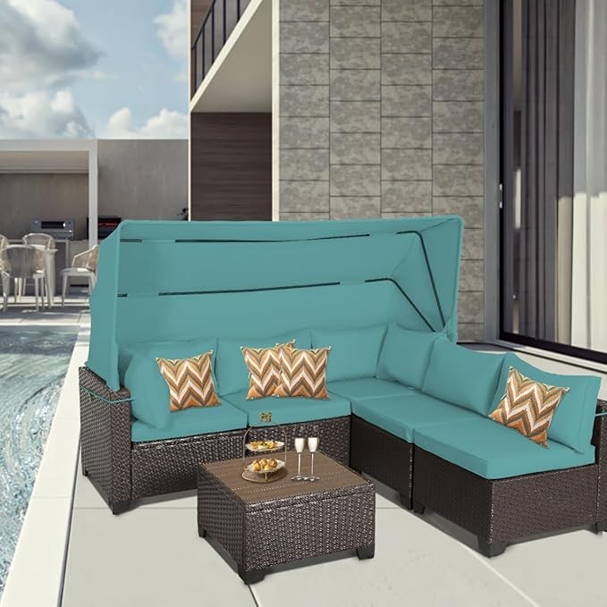 6 PCS Outdoor Patio Furniture Set,Sectional Sofa Set,Rattan Daybed with Retractable Canopy,Adjustable Backrest,Storage Coffee Table,Chaise Chair Sunbed for Garden Poolside Backyard(Walnut Green) - LeafyLoom