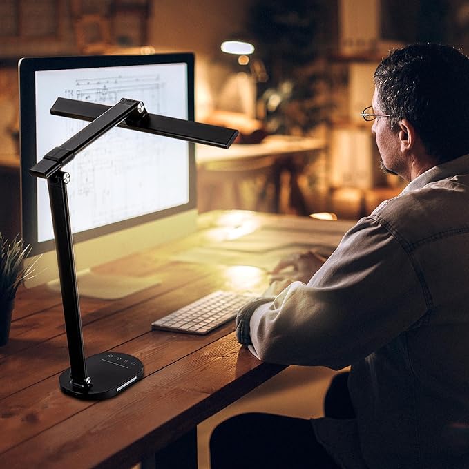 LED Desk Lamp Touch Desk Lamps with 5 Levels Brightness, Dimmable Office Reading Lamp with Adjustable Arm Foldable Table Desk Lamp for Bedroom Bedside Office Study, 3000-6500K(Black) - LeafyLoom