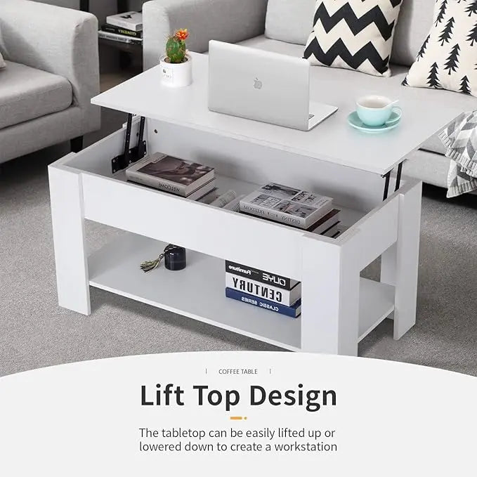 FDW Lift Top Coffee Table with Hidden Compartment and Storage Shelf Wooden Lift Tabletop for Home Living Room Reception Room Office (White) - LeafyLoom