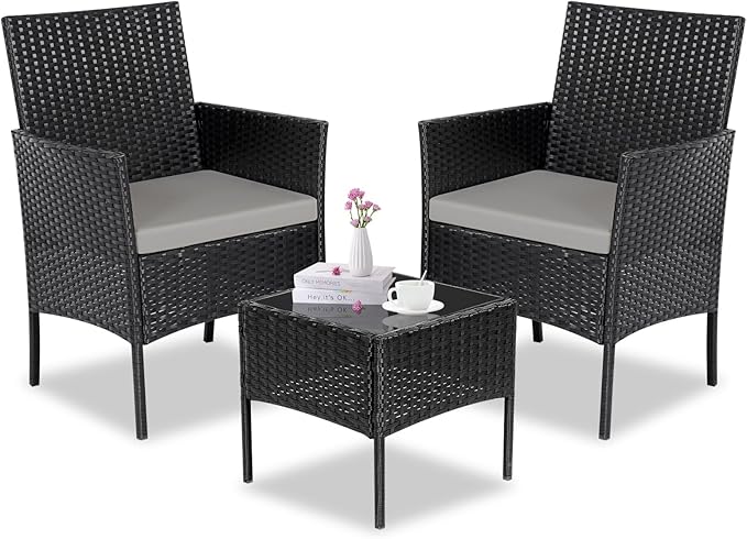 Patio Furniture Set 3 Pieces All-Weather Rattan Outdoor Furniture Patio Chairs with Tempered Glass Table for Porch Bistro Balcony Bistro Set(Black/Grey-3) - LeafyLoom