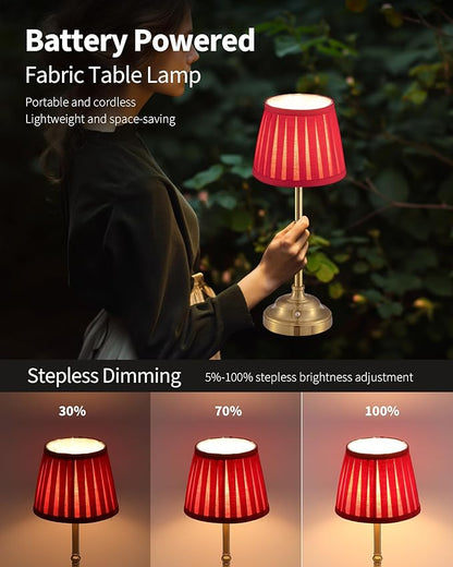 KDG Cordless LED Table Lamp Set of 2, Portables Fabric Shade Desk Lamps, 5000mAh Rechargeable Battery Powered Lighting, Dimmable Light for Dining Room, Bedroom, Bedside, Night Light, Balcony (Red) - LeafyLoom