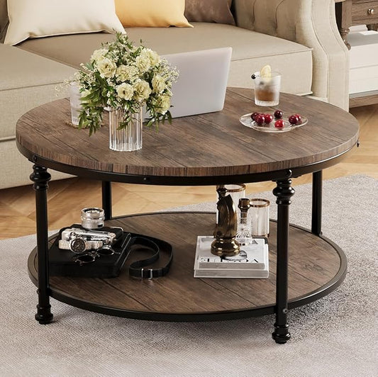 GAOMON Round Coffee Table Rustic Center Table with Storage Shelf 2-Tier Industrial Accent Center Table Wood Circle Coffee Table with Sturdy Metal Legs, Easy Assembly - LeafyLoom