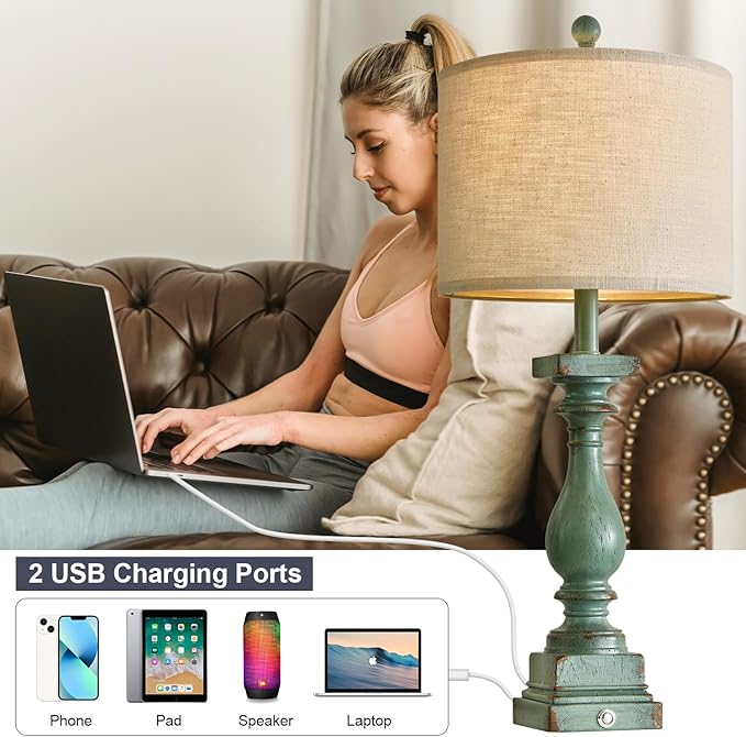 BOBOMOMO Retro 27" USB Charging Ports A/C 3 Way Dimmable Touch Control Green Farmhouse Lamps Set of 2 for Bedrooms Retro Side Table Lamps Bedside Lamp for Side Nightstand Living Room(Bulb Included) - LeafyLoom