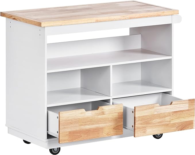 RITSU Kitchen Island Cart with Storage, Two-sided Rolling Bar Storage Cabinet Organizer on Wheels Wooden Top, Portable Movable Table w/Wine and Spice Rack, 2 Drawers, for Dining Room, White - LeafyLoom