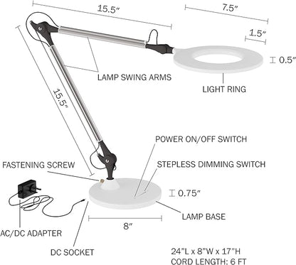 Lavish Home LED Desk Lamp - Swing Arm Architect Lamp - Adjustable Natural Sun Lighting for Home Office, Bedroom, or Dorm Room (White) - LeafyLoom