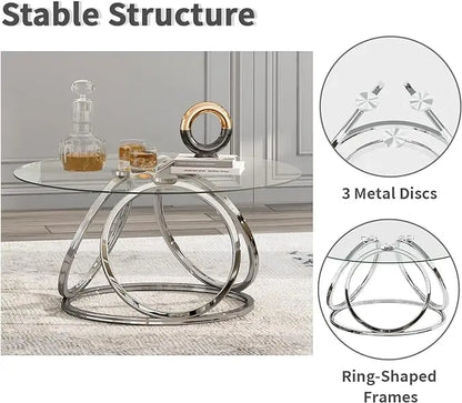 O&K FURNITURE Round Coffee Table, Modern Silver Coffee Table Living Room Table with Ring-Shaped Frames, Glass Coffee Table for Home&Office, Chrome Finish, 1 PC - LeafyLoom