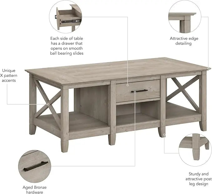 Bush Furniture Key West Coffee Table with Storage in Washed Gray - LeafyLoom