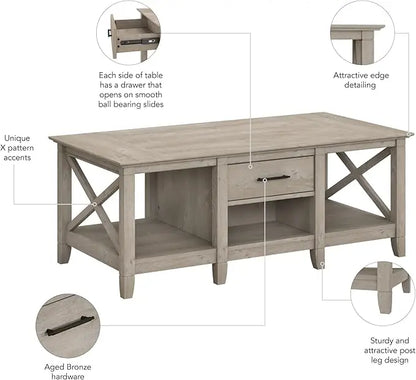 Bush Furniture Key West Coffee Table with Storage in Washed Gray - LeafyLoom