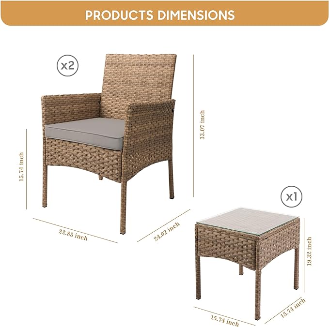 YIYAN 3 Pieces Patio Bistro Set Outdoor Wicker Furniture Outdoor Porch PE Rattan Wicker Chairs Furniture Sets with Sofa Chairs,Glass Coffee Table and Gray Washable Cushion - LeafyLoom