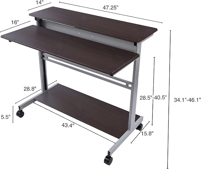 Stand Up Desk Store Rolling Adjustable Height Two Tier Standing Desk Computer Workstation (Silver Frame/Dark Walnut Top, 48" Wide) - LeafyLoom