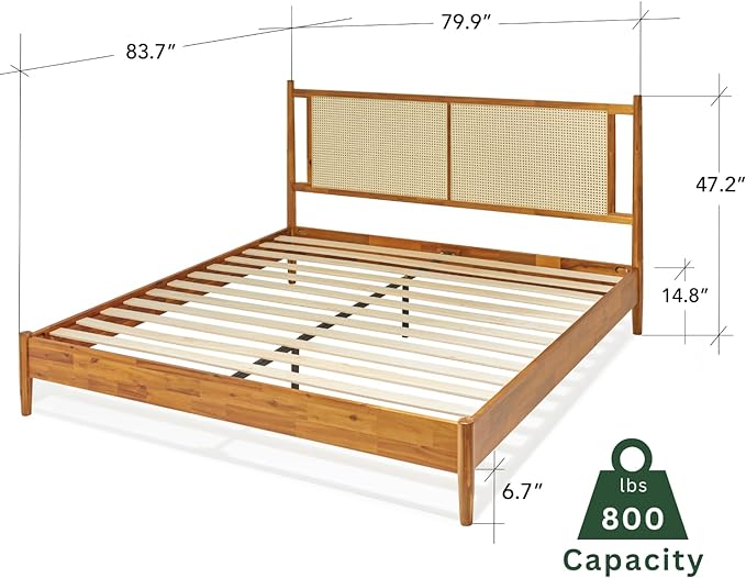 Bme Oliver King Bed Frame and Headboard - 15-Inch Signature Design with Rattan Headboard, Bohemian and Mid Century Style, 12-Slat Wood Support, No Box Spring Needed - Easy Assembly, Caramel - LeafyLoom