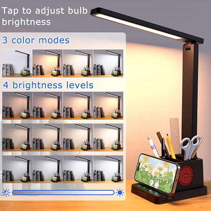 LED Desk Lamp for Home Office with USB A+C Charging Port Touch Control Reading Table Lamp Small Desk Lamp with Pen Phone Holder 3 Color Modes 4 Dimmable RGB Auto Timer 60min for Home, Office, Dorm - LeafyLoom