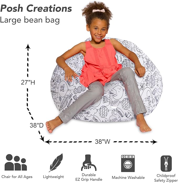 Posh Creations Bean Bag Chair for Kids, Teens, and Adults Includes Removable and Machine Washable Cover, Canvas Coloring Fabric - Fun Creatures, 38in - Large - LeafyLoom