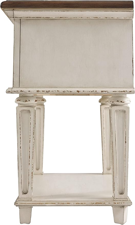 Signature Design by Ashley Realyn Traditional Cottage 1 Drawer Nightstand with Dovetail Construction & Open Display Shelf, Chipped White, Distressed Brown - LeafyLoom