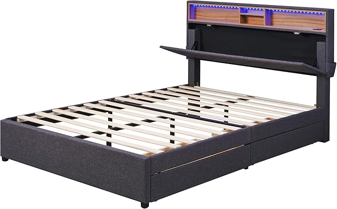 Full Size Bed Frame with LED Headboard, USB Charging, Upholstered Platform Bed with Storage Drawers and Headboard, No Box Spring Needed, Dark Gray - LeafyLoom