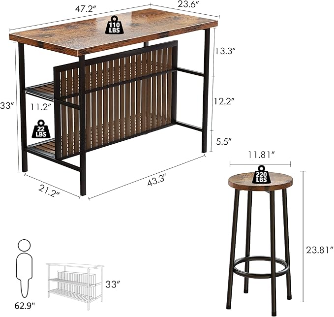 DKLGG Kitchen Island with Storage, 3 Piece Dining Table Set with 2 Tier Storage Shelves, Bar Table with Barstool, Sturdy Island Table with Chairs for Restaurant, Living Room - LeafyLoom