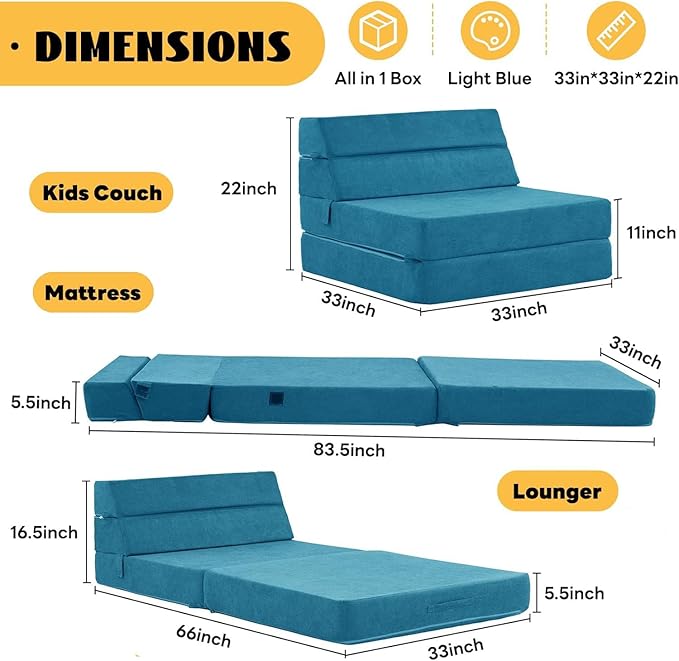 jela Sofa Bed Foldable Mattress Luxury Miss Fabric, Folding Sleeper Sofa Chair Bed Floor Mattress Floor Couch, Fold Out Couch Futon Mattress for Guest Room, Living Room (83"x33",Lightblue) - LeafyLoom