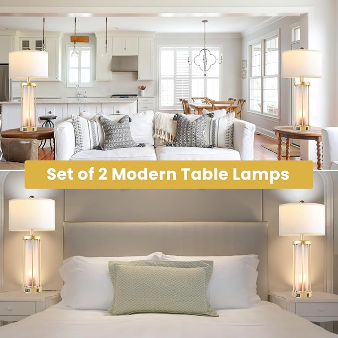 Table Lamps for Living Room Set of 2,26" Tall Gold Bedside Farmhouse Table Lamps with LED Lantern Nightlight,Bedroom Nightstand Lamps with Dual USB Port Grey White Shade (Bulbs Included) - LeafyLoom