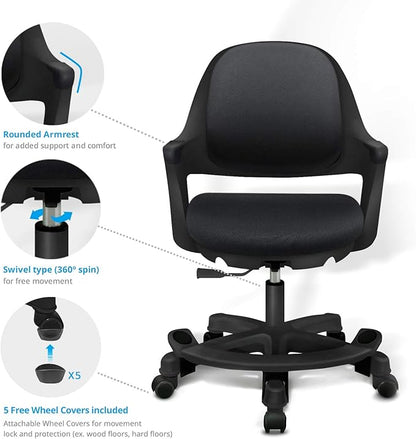 Kids Desk Chair: Ergonomic Kids Computer Chair | Adjustable Kids Office Chair with Wheels & Arms | Study Chair for Girls and Boys - Kids Chair Desk with Wheel Covers (Piano Black) - LeafyLoom