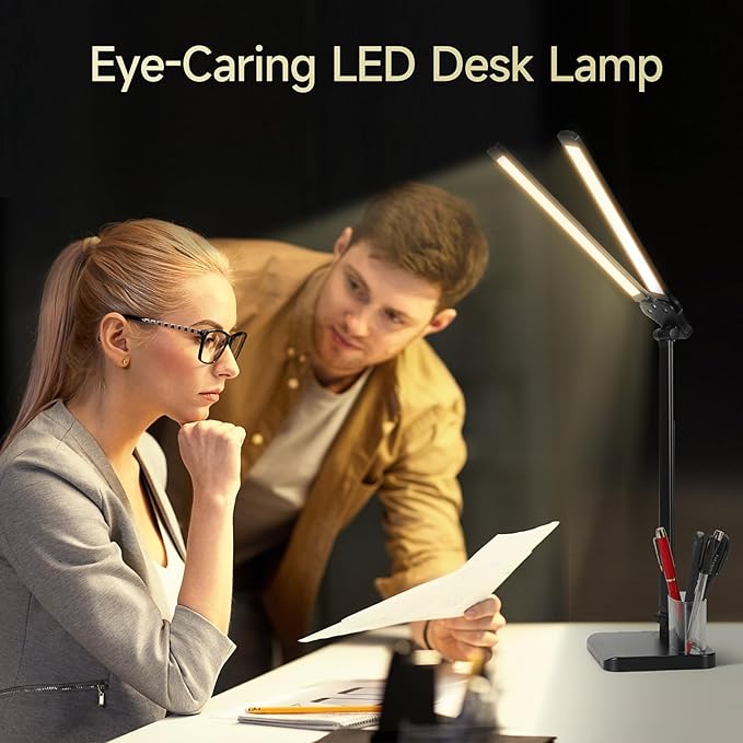 LED Desk Lamp for Home Office - Dual Swing Arm Desk Light with USB Charging Port,Eye-Caring Foldable 5 Color Modes 10 Brightness Levels Dimmable Desk Lamp for College Dorm Room (Black) - LeafyLoom