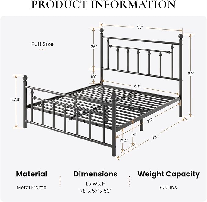 SHA CERLIN 14'' Full Size Metal Platform Bed Frame/Victorian Headboard and Footboard/Steel Slats Mattress Foundation for Storage/No Box Spring Needed/Noise Free/Black - LeafyLoom