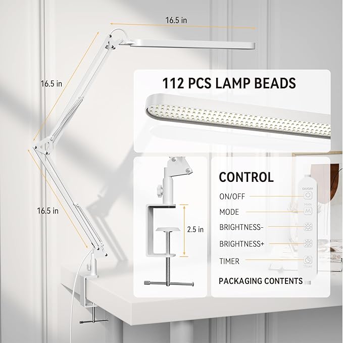 SKYLEO Desk Lamp - 31.5" Desk Light - 5 Color Modes X 11 Brightness Levels - Adjustable Swing Arm - Timmer & Memory Function - 12W Study Lamp - White - LeafyLoom