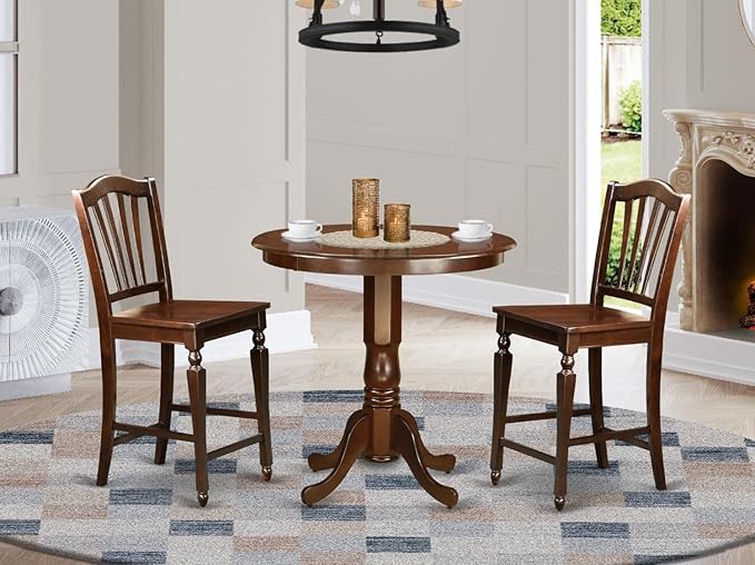 East West Furniture JACH3-MAH-W 3 Piece Counter Height Dining Table Set Contains a Round Wooden Table with Pedestal and 2 Kitchen Dining Chairs, 36x36 Inch, Mahogany - LeafyLoom