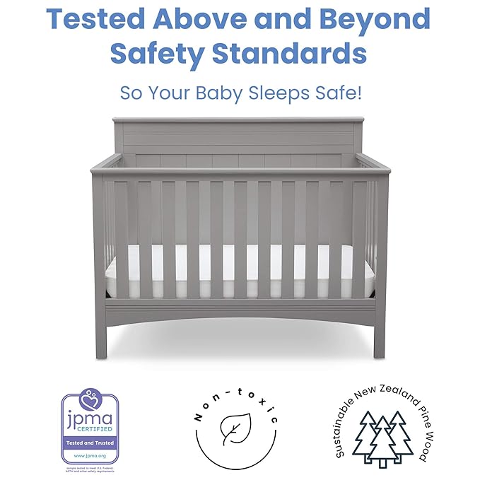 Delta Children Fancy 4-in-1 Crib, Grey + Serta Perfect Slumber Dual Sided Recycled Fiber Core Crib and Toddler Mattress (Bundle) - LeafyLoom