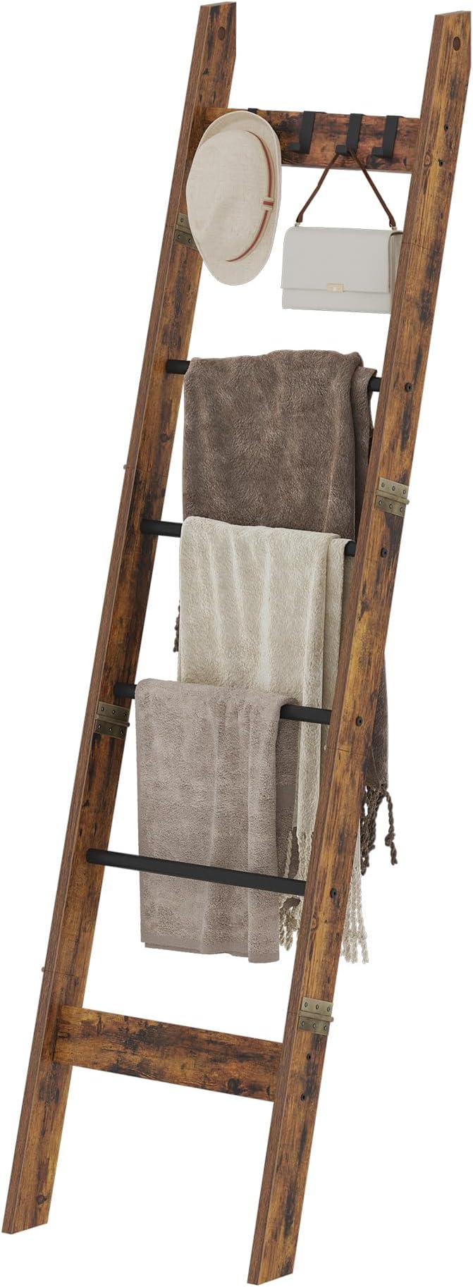 Blanket Ladder Shelf for Living Room, Decorative Wood Quilt Rack with 4 Removable Hooks, 6-Tier Farmhouse Ladder Holder Organizer for Bedroom, Rustic Brown and Black BR31501B - LeafyLoom